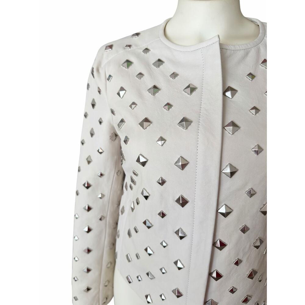 Diane Von Furstenberg Kate Leather Studded Cream Silver Jacket Sz 2 - Picture 7 of 16